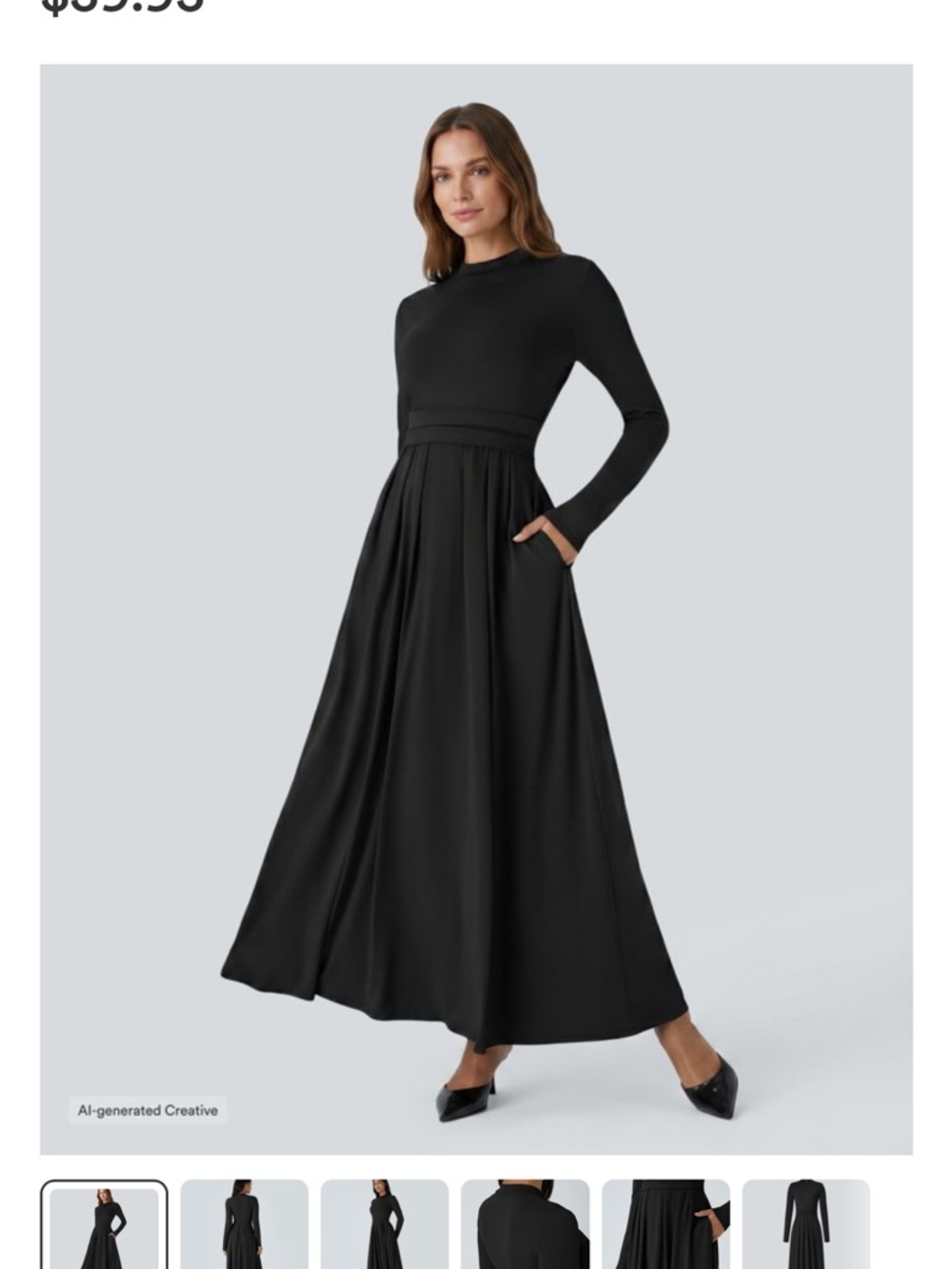 HALARA Black Long-Sleeve Maxi Dress with Pleated Skirt